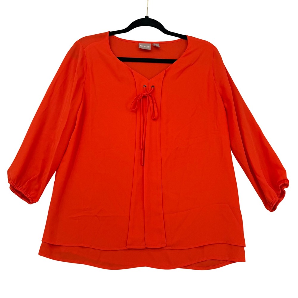 Chicos Orange Layered Hem V-Neck Tie Blouse 3/4 Sleeve Size 0 Small Coastal‎